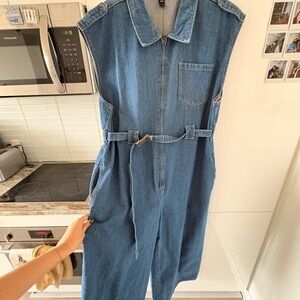 Denim Zip-Front Jumpsuit with Belt
